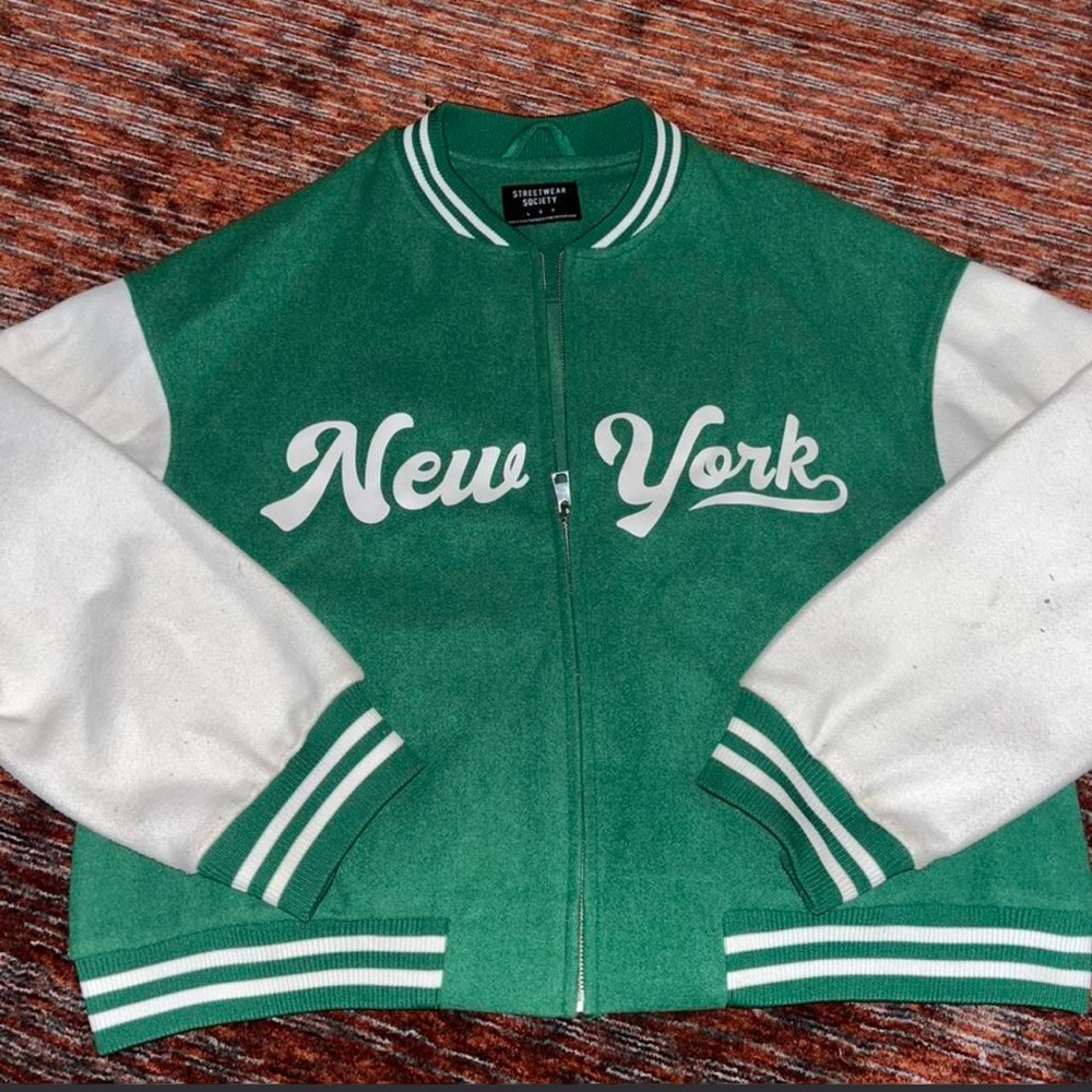 Streetwear Society Green & White Kids Varsity Jacket with "New York" Script